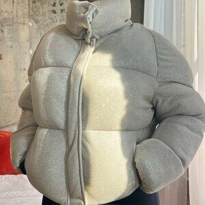 women's apparis silver champagne sparkle puffer coat